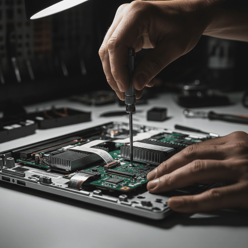 Technician hands opening a laptop on a workbench